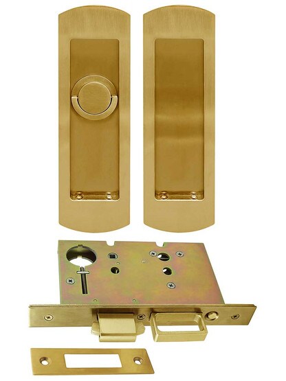 Premium Patio Pocket-door Mortise Lock set with Rounded Pulls in Aged Brass.